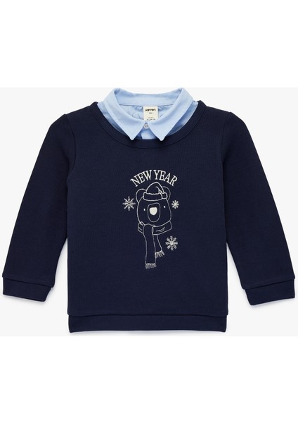 Pamuklu Nakışlı Uzun Kollu Gömlek Yaka Detaylı Yılbaşı Temalı Sweatshirt