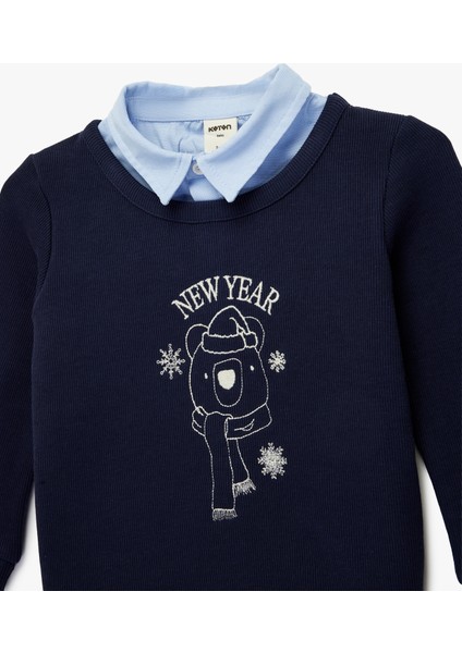 Pamuklu Nakışlı Uzun Kollu Gömlek Yaka Detaylı Yılbaşı Temalı Sweatshirt modelleri