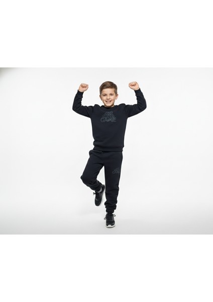 3 Iplik Çocuk Şardonlu Kabartmalı Baskı Siyah Kombin 2 modelleri