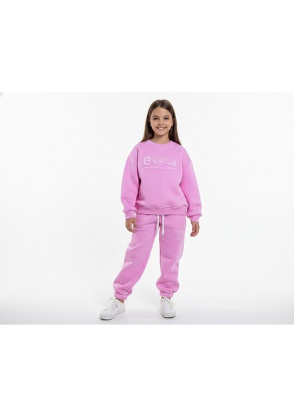 3 Iplik Çocuk Şardonlu Kabartmalı Baskı Pembe Kombin 2