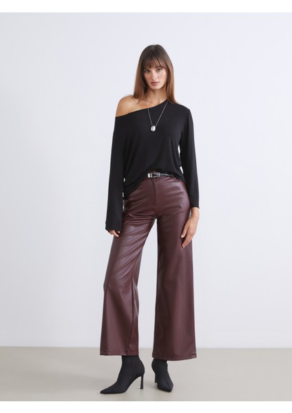 Loose Fit Kadın Deri Görünümlü Pantolon