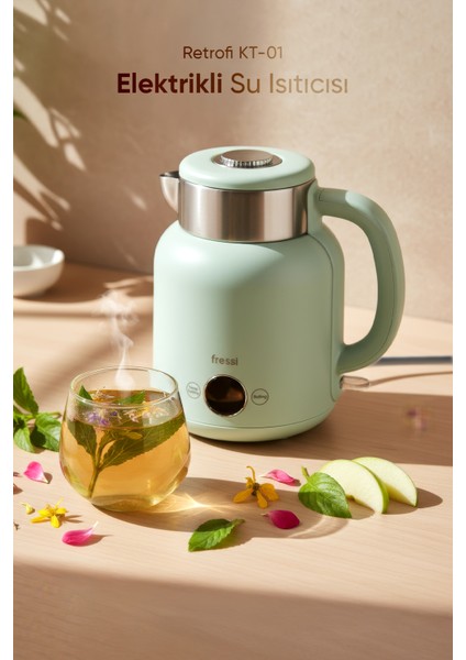 KT-01 Retrofi Su Yeşili 1.5 L Retro Elektrikli Kettle Su Isıtıcı