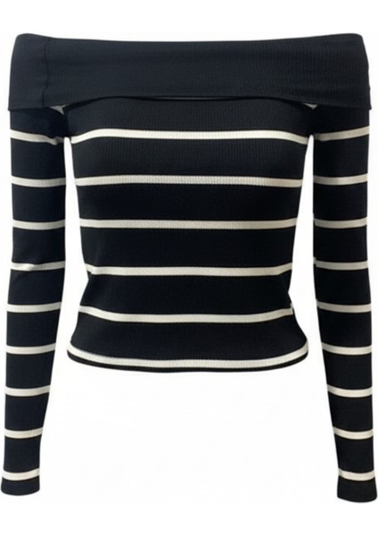 Kadın Siyah - Beyaz Çizgili Madonna Yaka Bluz fiyatları