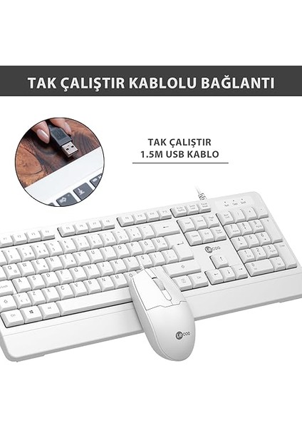 CM106 USB Kablolu, Qwerty Türkçe Dizilim Klavye, 1200DPI Optik Fare, Bilek Dinlendirme, Sağ ve Sol Elle Kullanılabilir, Evrensel Uyum, Türkçe Q Klavye & Mouse Set Beyaz modelleri
