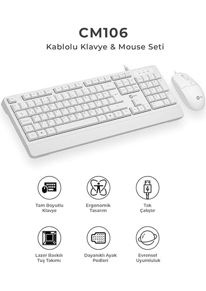 CM106 USB Kablolu, Qwerty Türkçe Dizilim Klavye, 1200DPI Optik Fare, Bilek Dinlendirme, Sağ ve Sol Elle Kullanılabilir, Evrensel Uyum, Türkçe Q Klavye & Mouse Set Beyaz indirimleri
