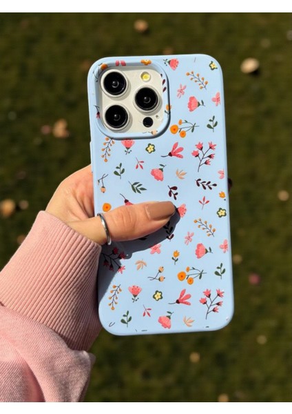 iPhone 15 Pro Max Uyumlu Mavi Çiçek Desenli Lansman Liquid Silikon Kılıf modelleri