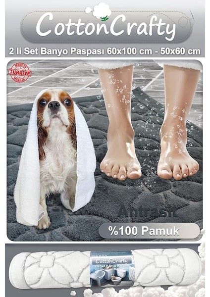 %100 Pamuk Dokuma Su Emici Banyo Paspas Seti, Banyo Halısı Çiçek 2 Li Set 60X100-60X50 (Antrasit) fiyatları