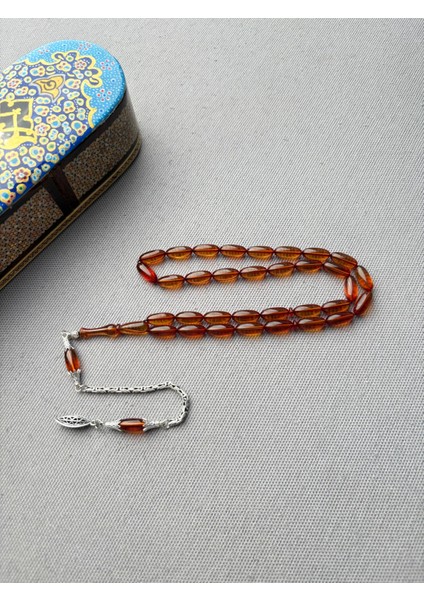 Usta Işi Karamel Rengi Eski Blok Zar Kehribar Tespih Arpa Model, Gümüş Püsküllü