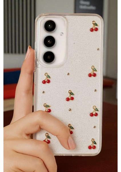 Samsung A26 Uyumlu - Epoksi Kiraz Desenli, Şeffaf, Darbe Dayanıklı Telefon Kılıfı