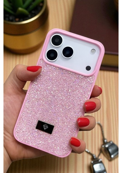 Apple iPhone 17 Pro Max Uyumlu – Pembe Taşlı Işıltılı Silikon Kılıf Darbeye Karşı Dayanıklı Kapak