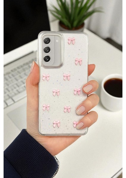 Samsung S21 Fe Uyumlu – Pembe Fiyonk Desenli, Parlak Simli, Şeffaf Yumuşak Silikon Kılıf fiyatları