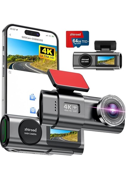 Wifi Dashcam, 170° Süper Geniş Açılı Ön Araç Içi Kamera, Uygulama Kontrolü, 64 G Sd Kart ve Çıkarılabilir Tutucu, 1,47 Inç IPS Ekran, Gece Görüşü, Wdr, G Sensörü, Döngü Kayıt, 24 Saat Park Izleme
