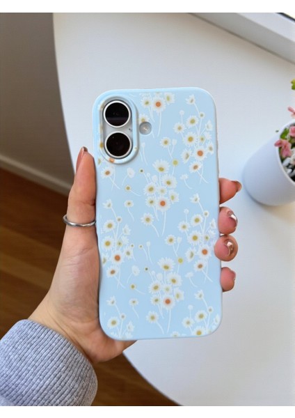iPhone 16 Uyumlu Papatya Desenli Mavi Lansman Liquid Silikon Kılıf