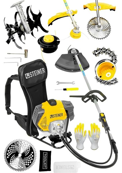 Alman 16 Hp Tam Profesyonel Sırt Tipi Benzinli Tırpan Ot Çalı Çim Biçme Makinesi Sarı + Çapa Aparatı