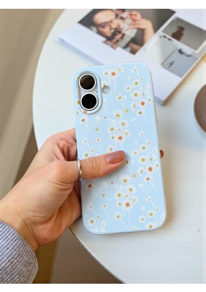 iPhone 16 Uyumlu Papatya Desenli Mavi Lansman Liquid Silikon Kılıf indirimleri