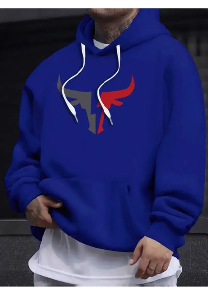 Erkekler Için Günlük Gri Kapüşonlu Sweatshirt - Son Moda Boğa Başlı Baskılı