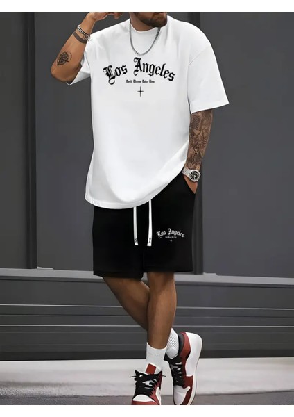 Los Angeles Baskılı Tişört ve Şort 2'li Rahat Takım, Yazlık, Örme Kumaş