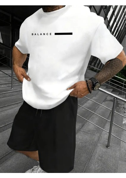 2li Takımerkek Şık Rahat Balance Baskılı Şort ve T-Shirt Seti