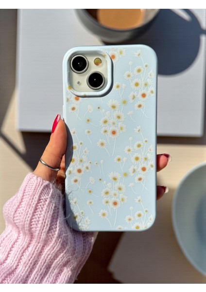 iPhone 13/14/15 Uyumlu Papatya Desenli Mavi Lansman Liquid Silikon Kılıf