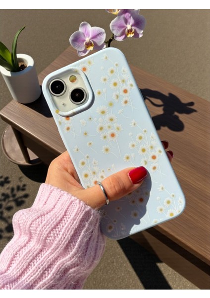 iPhone 13/14/15 Uyumlu Papatya Desenli Mavi Lansman Liquid Silikon Kılıf modelleri