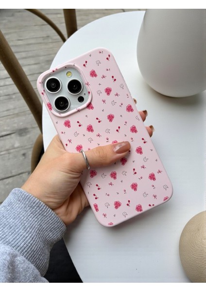 iPhone 13 Pro Max Uyumlu Pembe Çiçek Desenli Lansman Liquid Silikon Yumuşak Kılıf
