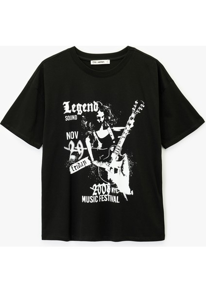 Kısa Kollu Bisiklet Yaka Baskılı Oversize Tişört