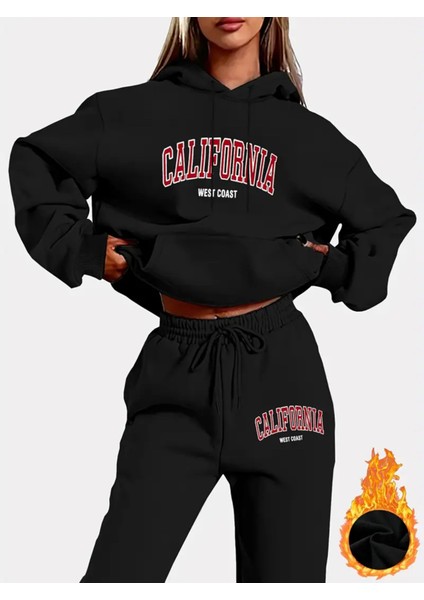 Kadın Uzun Kollu Ipli Kapüşonlu Hoodie ve Koşu Pantolonu Kıyafet 2'li Set