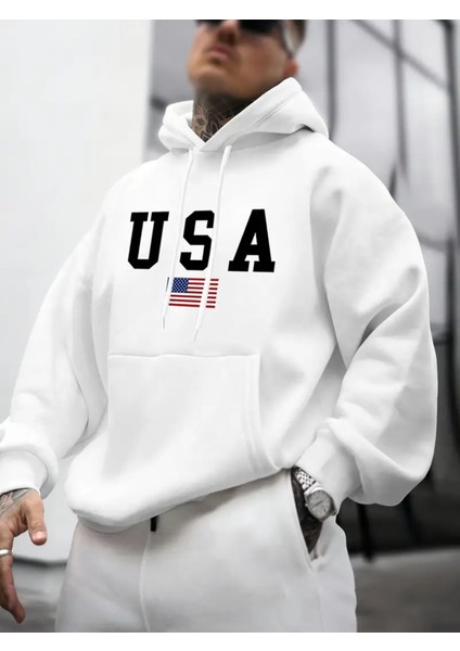 Amerika Bayrağı Desenli Erkek Uzun Kollu Kapüşonlu Sweatshirt