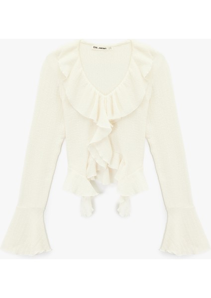 Fırfır Detaylı Uzun Kollu Slim Fit V Yaka Tişört