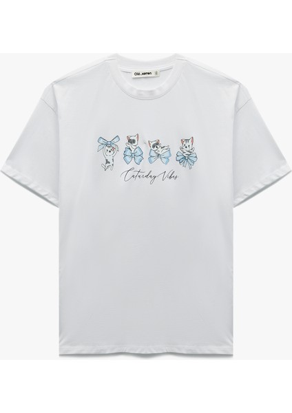 Kısa Kollu Bisiklet Yaka Pamuklu Kedi Baskılı Oversize Tişört