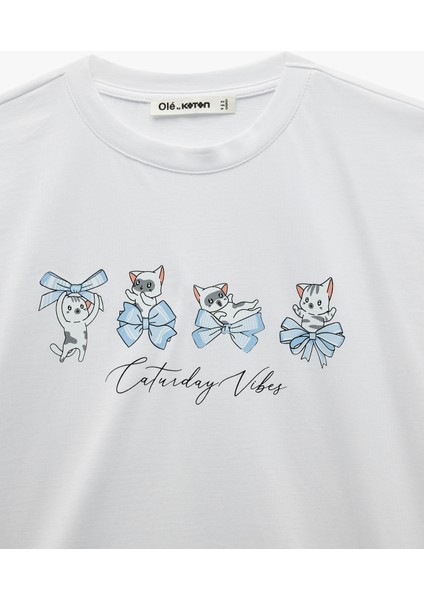 Kısa Kollu Bisiklet Yaka Pamuklu Kedi Baskılı Oversize Tişört modelleri