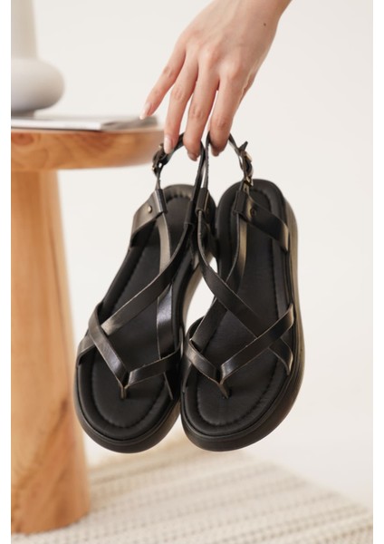 Linya Siyah Hakiki Deri Sandalet fırsatları