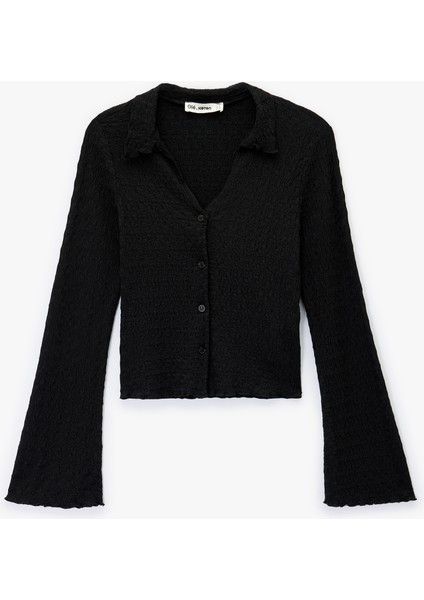 Slim Fit Uzun Kollu Düğmeli Dokulu Klasik Yaka Bluz