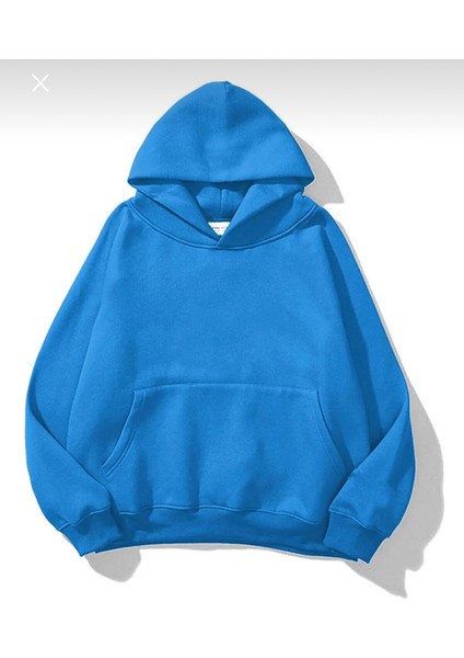 Mavi Üst Kalite Kanguru Cepli 3iplik Şardonlu Bağcıklı Sweatshirt