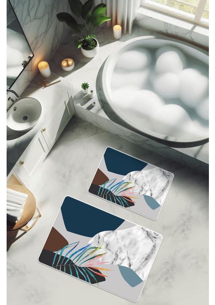 Yıkanabilir Kaymaz Tabanlı Modern Desenli 2'li Banyo Paspas Takımı BPS0018