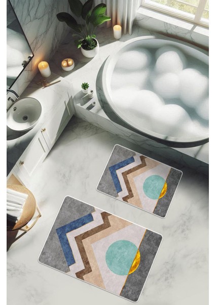 Yıkanabilir Kaymaz Tabanlı Modern Desenli 2'li Banyo Paspas Takımı BPS0031