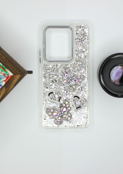 Infinix Hot 30 Kılıf Kelebek Desenli Parlak Simli Kapak