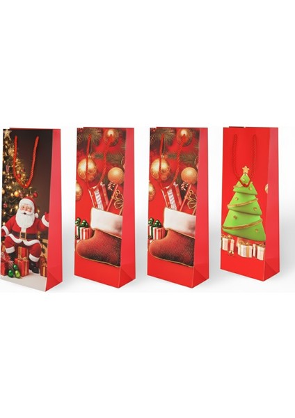 Yılbaşı Temalı Varak Baskılı Karton Çanta 12X35X8CM Pakette 12 Adet. Alkollü Şişeye Uygun