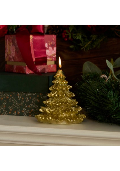 New Year Yılbaşı Çam Ağacı Şekilli Mum Gold 12X12X12,5 cm