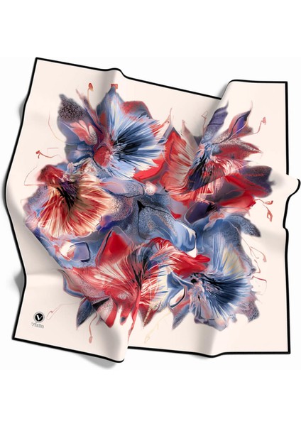 Twill Çiçek Desenli Kahverengi - Indigo Renkli 90X90 Eşarp (Ipek Içermez) Kenar Dikiş Şekli El Dikişli