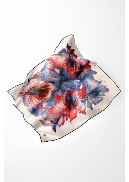 Twill Çiçek Desenli Kahverengi - Indigo Renkli 90X90 Eşarp (Ipek Içermez) Kenar Dikiş Şekli El Dikişli modelleri