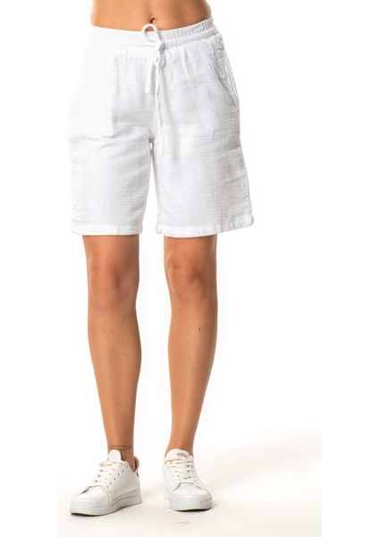 Inci Bağlamalı Uzun Yazlık Müslin Şort Beyaz Byz