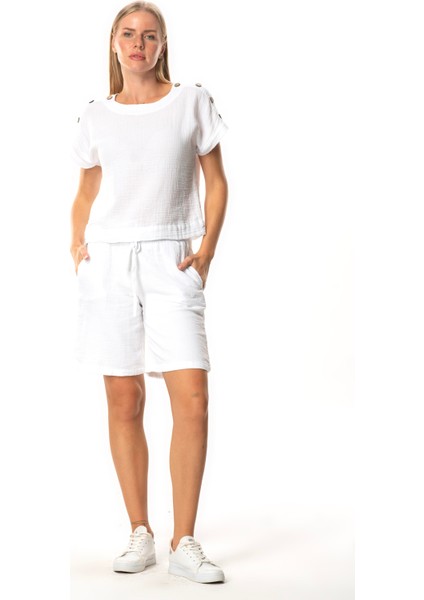 Inci Bağlamalı Uzun Yazlık Müslin Şort Beyaz Byz