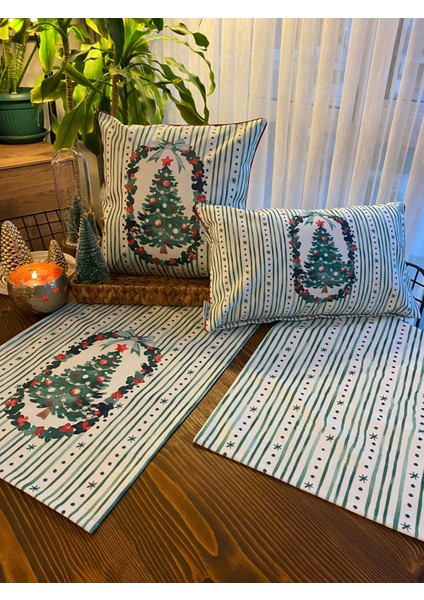 H1259 Yeşil Çizgili Çelenk Içinde Çam Ağacı Kırlent Runner 3lü Kombin Set