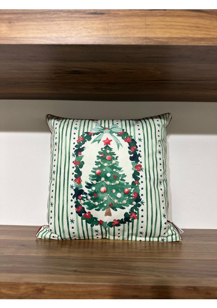 H1259 Yeşil Çizgili Çelenk Içinde Çam Ağacı Kırlent Runner 3lü Kombin Set fiyatları