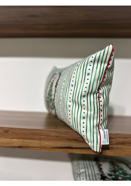 H1259 Yeşil Çizgili Çelenk Içinde Çam Ağacı Kırlent Runner 3lü Kombin Set indirimleri
