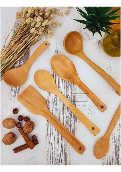 Ahşap Tahta Mutfak Kaşık Seti 6 Parça Kayın, Şimşir ve Bambu Ağacı Ağaç Kaşık MNT-016