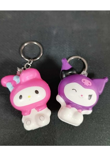 Store 2 Adet Shukushi Sanrio Kwaii Ailesi Kuromi Melodi Anahtarlık Seti 2li Figür Oyuncak Sukuşi Set, Mor-Pembe