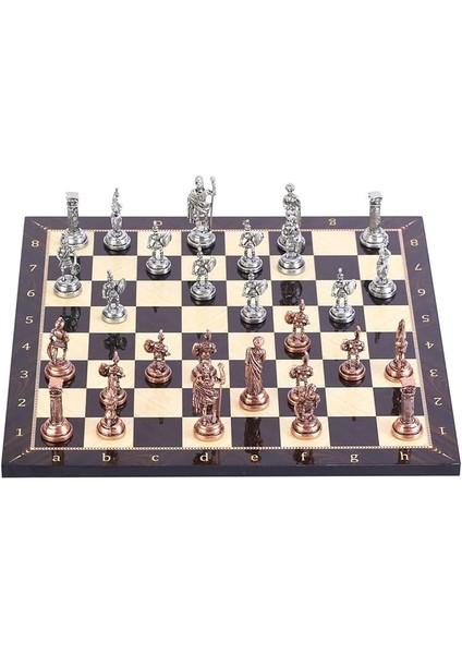 Orta Boy Metal Roma Satranç Takımı Antik ve Ceviz Desenli Mdf Ahşap Satranç Tahtası (37X37 Cm.)