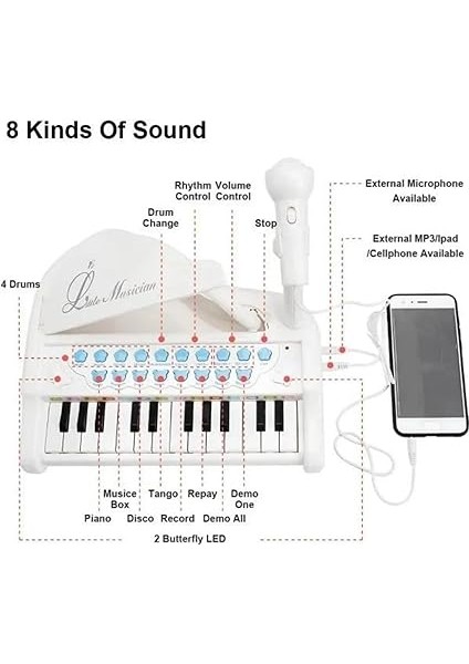 Mp3 Çalar Özellikli 24 Tuşlu Mikrofonlu Mini Piyano Jak Girişi Harici Hoparlör (Beyaz) modelleri